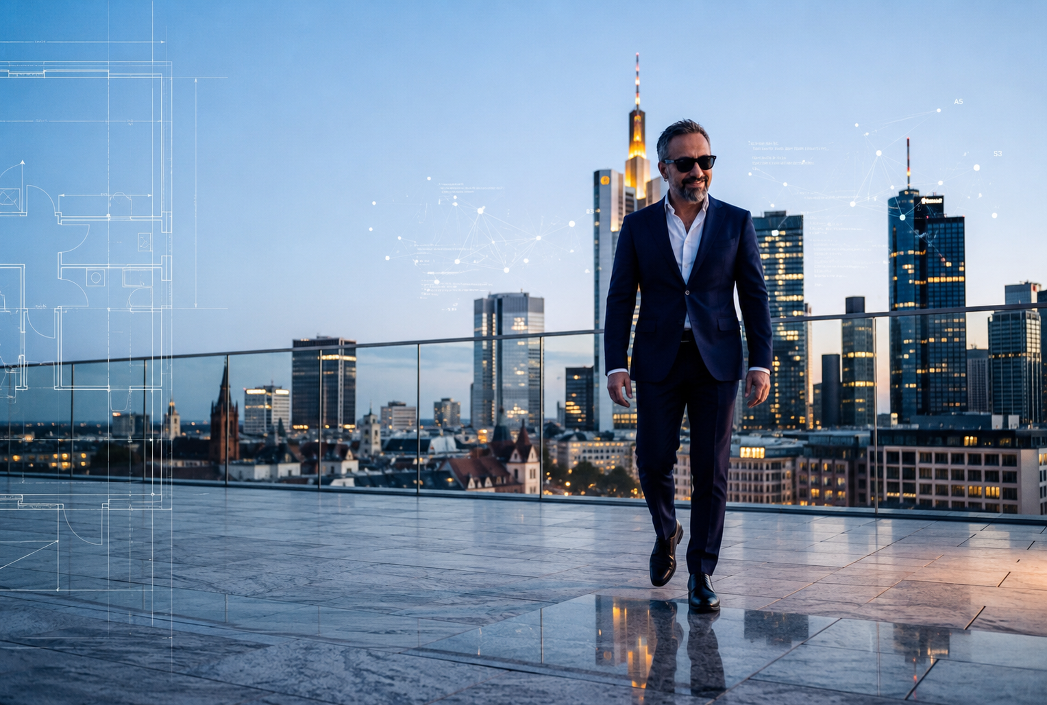 Evren Ordu walking on a Frankfurt rooftop terrace at blue hour, skyline behind him