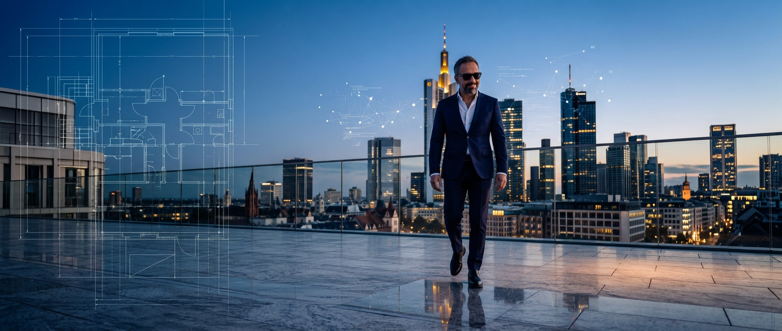 Evren Ordu walking on a Frankfurt rooftop terrace at blue hour, skyline behind him